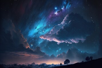 dreamlike gradient sky at night time with nature landscape, idea for background wallpaper, Generative Ai