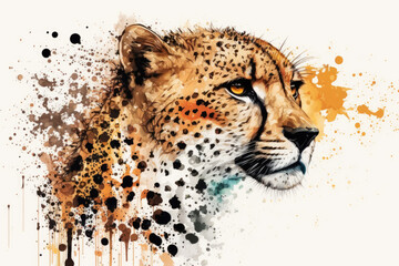 Watercolor cheetah close up portrait, Realistic painting on white background, Generative AI