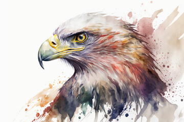 Watercolor eagle close up portrait, Realistic painting on white background, Generative AI