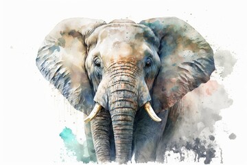 Watercolor elephant close up portrait, Realistic painting on white background, Generative AI