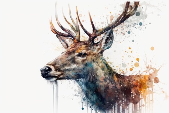 Watercolor deer close up portrait, Realistic painting on white background, Generative AI