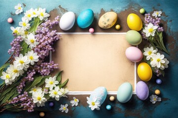 Easter eggs concept border frame background with copy space in the middle, AI generated
