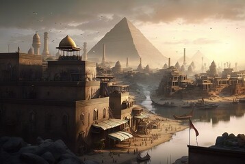 Ancient Egypt desert landscape with pyramid and architecture with high technology things, idea for lost civilization, mystery lost technology theme, background, Generative Ai