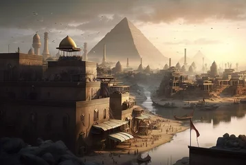 Store enrouleur Gris 2 Ancient Egypt desert landscape with pyramid and architecture with high technology things, idea for lost civilization, mystery lost technology theme, background, Generative Ai