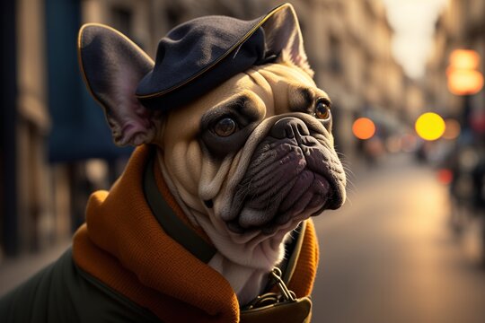 A French Bulldog close-up portrait, wearing a beret and a scarf, with a city street backdrop. Generative AI.
