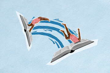 Creative picture artwork sketch collage photo poster of man adore of reading jump inside interesting plot isolated on painted background