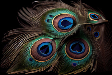 Colorful bright peacock feathers close-up on black isolated background, design background, copy space. Generative AI