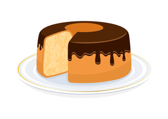 Chiffon cake with chocolate glaze icon vector illustration. Light and fluffy chocolate chiffon cake on a plate icon vector isolated on a white background. Delicious sponge cake sliced drawing