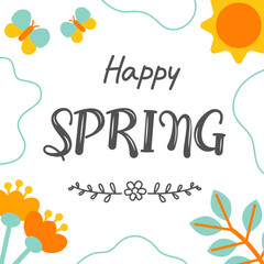 Template for posting social media in spring. Colorful cute elements on white background.