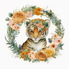 cartoon adorable baby tiger nursery image flower wreath