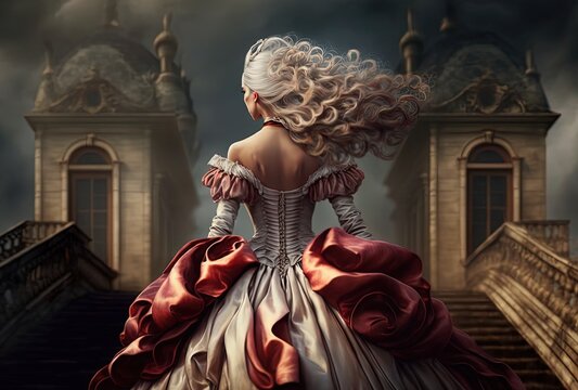 beautiful princess walking on star to outdoor pavilion, fairytale theme lifestyle, Generative Ai