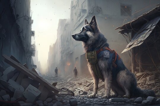 A rescue dog is looking for survivors under the rubble after an earthquake, natural disaster, explosion. illustration.