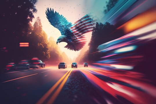 illustration of Us national flag on eagle wing with blur city, town, street background, Generative Ai
