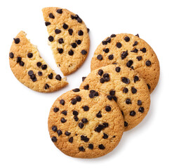 Chocolate chip cookie broken in half on a white background. Top view