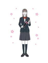桜の花と卒業証書を持つ制服姿の女子学生 卒業イメージイラスト