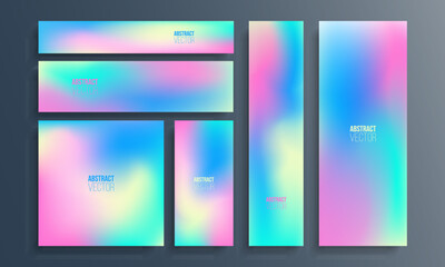 Set of banners and flyers with holographic effect. Futuristic holographic backgrounds with vibrant color gradient for your creative graphic design. Vector illustration.