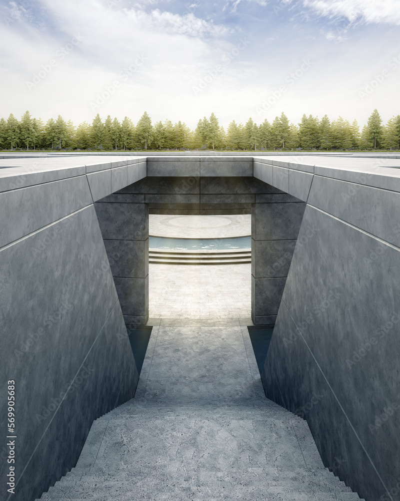 Poster empty curved concrete path with meadow and tree. 3d rendering of abstract space with sky background.