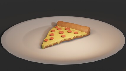 Single slice of pizza with cheese and ham served on white dish, Concept for culinary art 3D rendering.