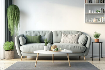 Coffee table in front of grey couch in scandinavian living room. Generative AI