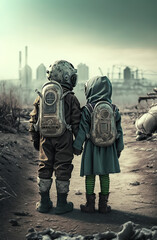 Abandoned children hold hands in radioactive realistic armor on the ground. Generative AI.