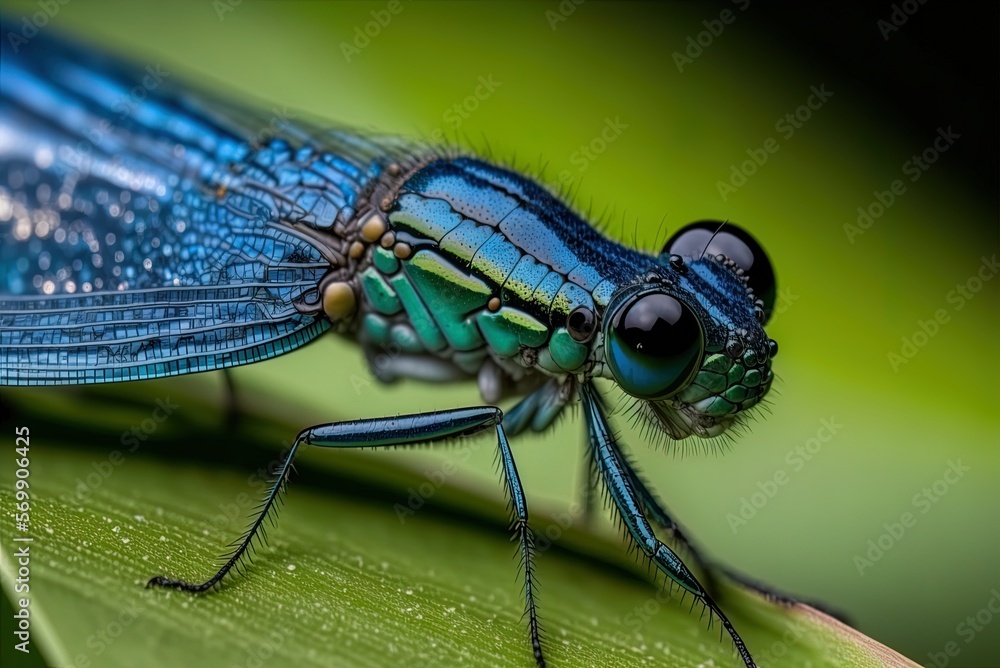 Poster a macro photograph of a damselfly resting on a blade of grass generative ai