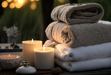 Obraz na płótnie Canvas illustration of spa skin care product set decoration, towel candle, oil bottle, Generative Ai 