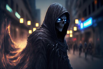 ghost in the black hood, with glitter glow cityscape background, Generative Ai