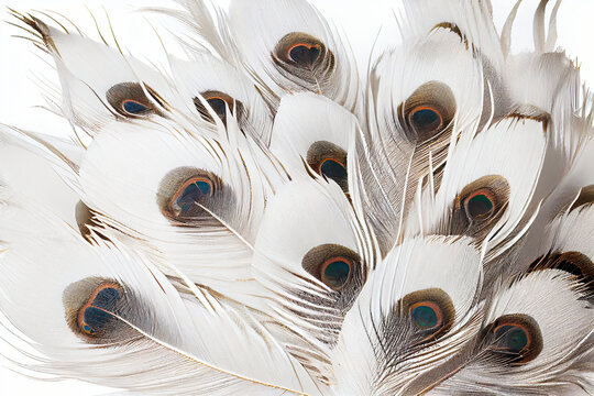 White albino peacock feathers close-up on white isolated background, design background, copy space. Generative AI