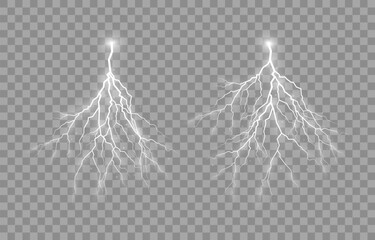 Set of Lightings. Symbol of natural strength or magic, abstract, electricity and explosion. The effect of zippers and lighting, thunderstorm and lightning.