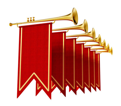 Swallow flags and trumpets on transparent background. 3D illustration