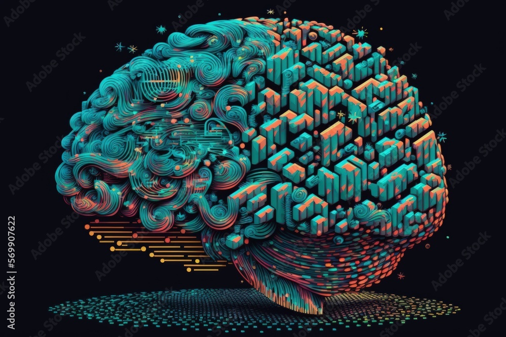 Poster digital brain representing the ideas of artificial intelligence and big data floating in a cloud of 