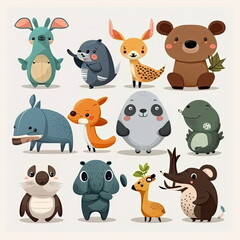 Set of cute cartoon animal, vector illustration, white background, Made by AI,Artificial intelligence