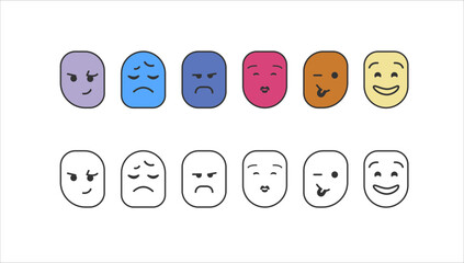 Collection various emoji, funny emotion smile faces, vector color doodle illustration on white background