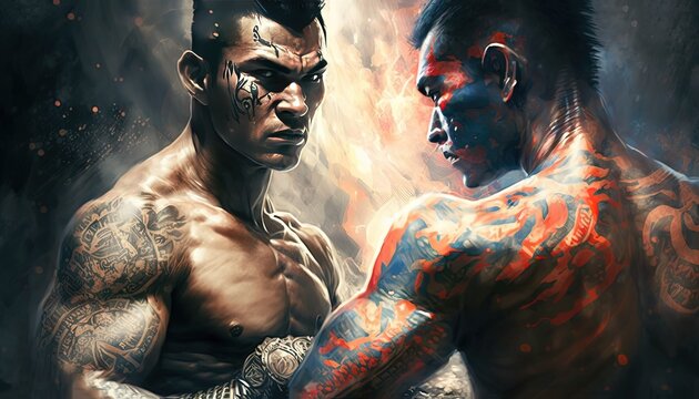 two Muay Thai fighter facing each other for duel challenge, Generative Ai