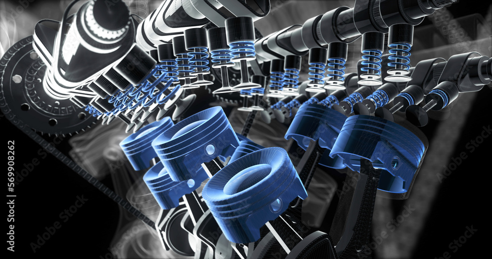 Aufkleber v8 engine pistons moving up and down. crankshaft in motion. machines and industry related 3d illustr