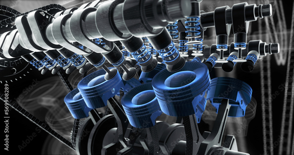 Aufkleber Close Up V8 Engine Animation With Moving Engine Parts. Machines And Industry Related 3D Illustration Render.