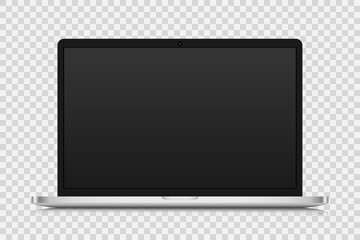 A mock-up laptop with a black matte screen on a transparent background. A realistic, modern laptop with a silver case. Vector illustration.