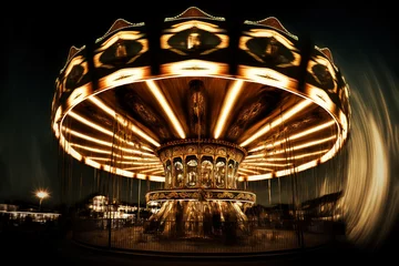 Deurstickers Carousel spinning in amusement park at night. Generative ai © erika8213