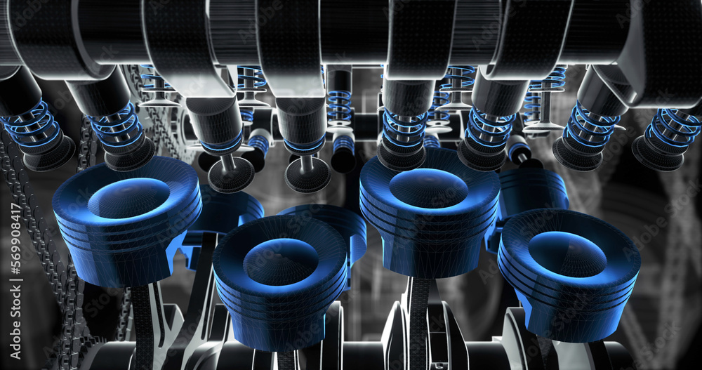 Poster powerful car engine pistons moving up and down. v8 engine. machines and industry related 3d illustra