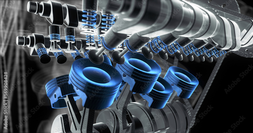 Poster V8 Engine Animation With Moving Engine Parts. Valves And Crankshaft. Machines And Industry Related 3D Illustration Render.