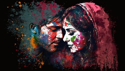 People and a lot of colors illustration indian couple in love wedding celebration generative ai