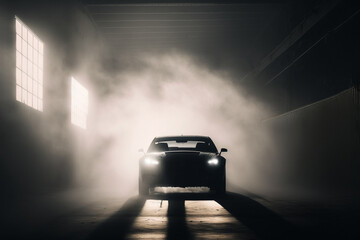 Car silhouette in smoke in dark empty space.
