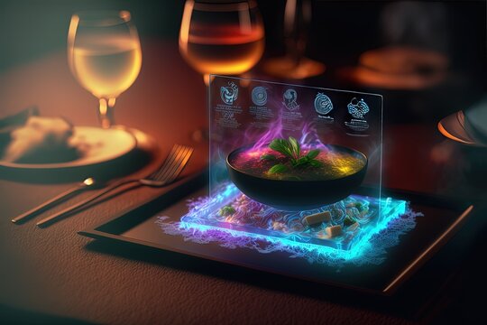 illustration of futuristic restaurant with hologram or smart panel interface for customer to use, Generative Ai