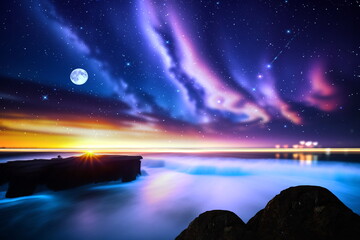   night at sea starry sky and moon on dramatic clouds sea water wave and stones on horizon blurred city light