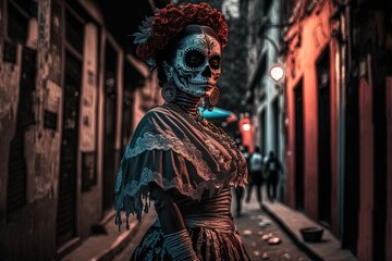 Fototapeta na wymiar close up beautiful woman wearing skull make up during Day of Dead festival, Day of the Dead or Día de los Muertos, copy space background, Generative Ai not real person