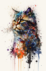 Cat colorful, watercolor art. Generative AI.