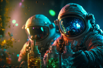 Obraz na płótnie Canvas astronauts with space helmets working in lab