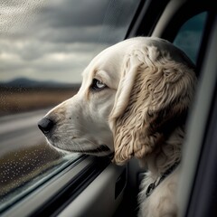 Smutny pies patrzący przez okno jadącego samochodu.  - obrazy, fototapety, plakaty