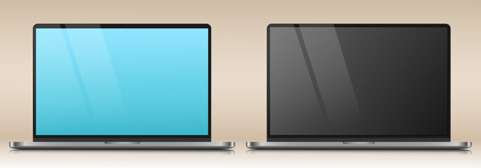 A set of laptop layouts in a metal case. Models of modern laptops with blue and black screens on a gray background. Vector illustration.