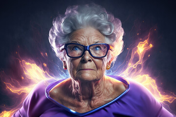 Funny grandmother superhero transformation with flames and fire. Illustration generated with generative AI